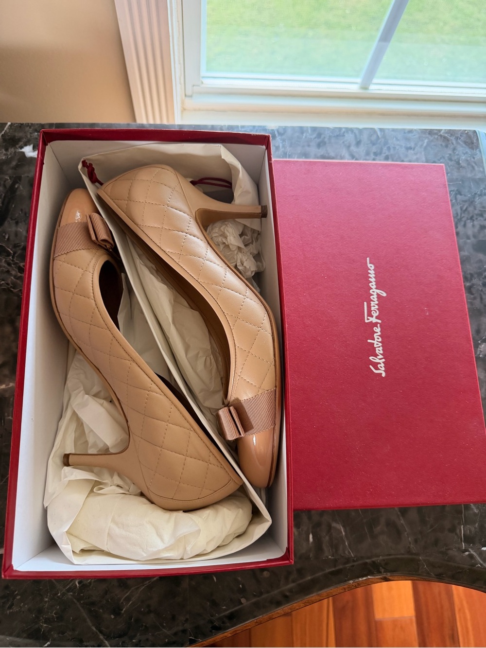 Salvatore Ferragamo Nude Quilted Leather Bow Pumps